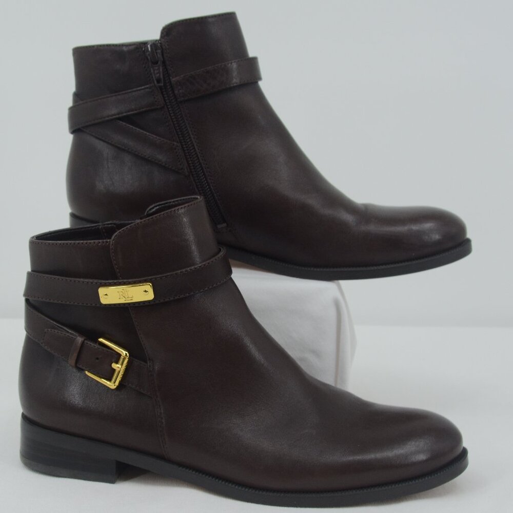 Lauren Ralph Lauren Borgia Leather Ankle Boots 7.5 Brown Gold Hardware Equestria